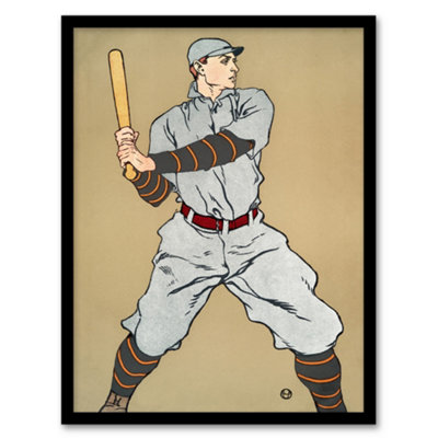 B&Q -  Edward Penfield Framed Wall Art Print Vintage Baseball Player DrawingA3 Size