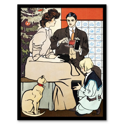 B&Q -  Edward Penfield Framed Wall Art Print Vintage Christmas Family SceneA3 Size