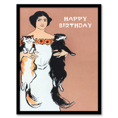 Artery8 Edward Penfield Framed Wall Art Print Woman Holding Two Cats Drawing - A3 Size