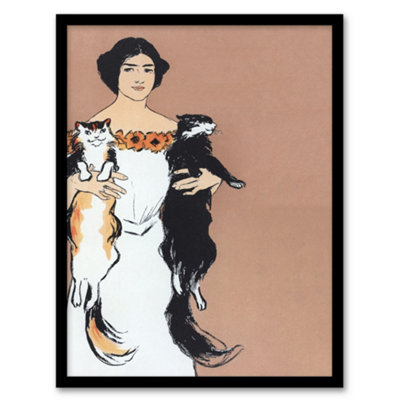 B&Q -  Edward Penfield Framed Wall Art Print Woman Holding Two Cats DrawingA3 Size