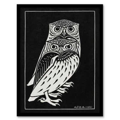 Artery8 Julie De Graag Framed Wall Art Print Two Owls Vintage Animal PaintingA3 Size from B&Q
