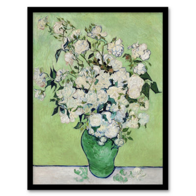B&Q -  Vincent Van Gogh Framed Wall Art Print White Roses In Green VaseA3 Size