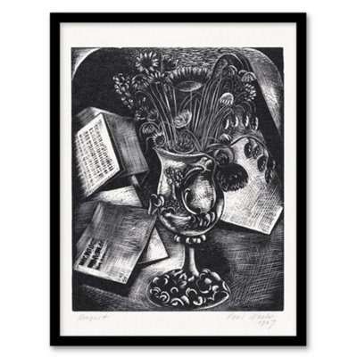 B&Q -  Paul Nash Framed Wall Art Print Flower Bouquet Black White Still LifeA3 Size