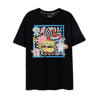 B&Q -  Spongebob Squarepants Mens Black Checkerboard Group Short Sleeved T-Shirt (Large)