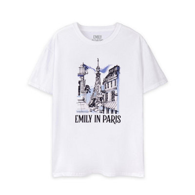B&Q -  Emily In Paris Womens White Sketchy Cityscape Short Sleeved T-Shirt (Small)