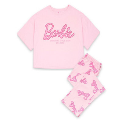 Vanilla Underground Barbie Womens Pink Logo All Over Print Short Sleeve Long Leg Pyjama Set (Medium)