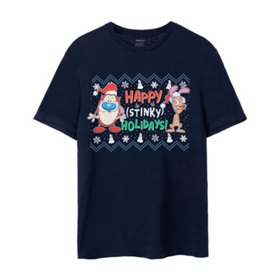 B&Q -  Ren & Stimpy Mens Blue Happy Stinky Holidays Short Sleeved T-Shirt (X-Large)
