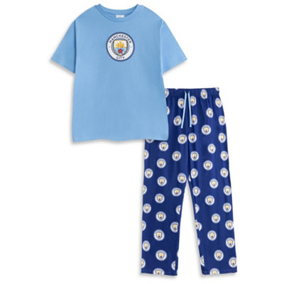 B&Q -  Manchester City Mens Blue Logo Short Sleeve Long Leg Pyjama Set (Medium)