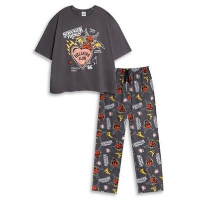 B&Q -  Stranger Things Womens Grey Logo Short Sleeve Long Leg Pyjama Set (Large)