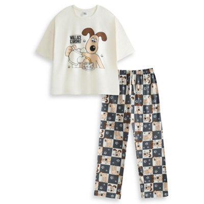 B&Q -  Wallace And Gromit Womens Off-White Tea Time Short Sleeve Long Leg Pyjama Set (Small)