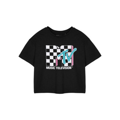 Vanilla Underground Mtv Womens Black Checkerboard Logo Cropped Short Sleeved T-Shirt (Medium) from B&Q