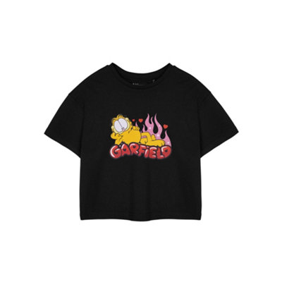 B&Q -  Garfield Womens Black Flames Cropped Short Sleeved T-Shirt (X-Large)