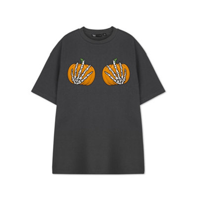 B&Q -  Show Me The Merch Womens Grey Pumpkin Hands Short Sleeved T-Shirt (Large)