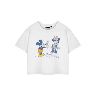 B&Q -  Disney Womens White True Original Mickey & Minnie Cropped Short Sleeved T-Shirt (X-Large)