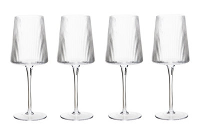 Orsina Sturdy Set Of Four Ribbed Wine Glasses,430Ml Crystal Glassware With Tall Stem,stylish Goblet With Sleek Base from B&Q