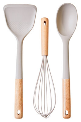 B&Q -  Interiors By Premier Tone Grey Silicone Head 3Pc Kitchen Tool Set,heat Proof SpoonWhisk & Turner,culinary Kit With Wooden Grips