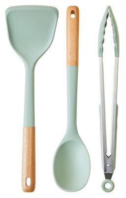 B&Q -  Sage Green Silicone 3Pc Kitchen Set,non-Scratch Utensils,includes TurnerSpoon & Tongs,heat-Resistant Tools