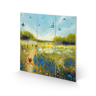  - Julia Crossland Summer Meadow Square Wood Plaque Green/blue (30Cm X 30Cm)