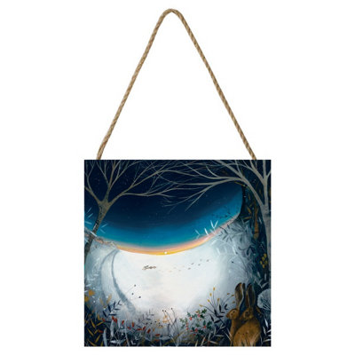  - Julia Crossland Winter Hares Wooden Block White/blue/black (20Cm X 20Cm X 2.7Cm)
