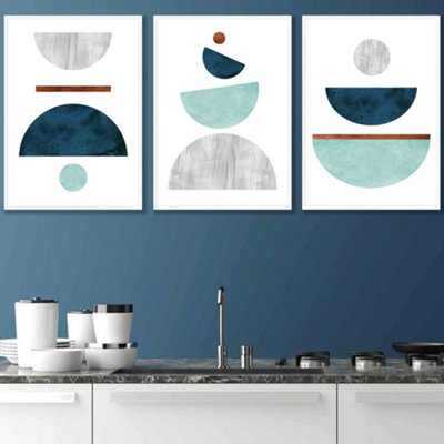 Artze Wall Art Set Of 3 TealMint Green And Grey Abstract Mid Century Geometric Wall Art Prints / 42X59Cm (A2) / White Frame from B&Q