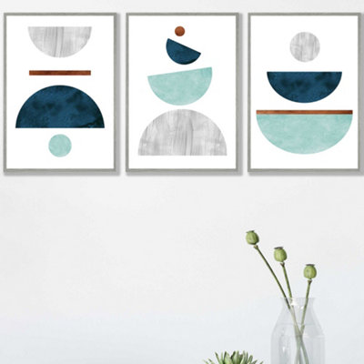 Artze Wall Art Set Of 3 TealMint Green And Grey Abstract Mid Century Geometric Wall Art Prints / 42X59Cm (A2) / Light Grey Frame from B&Q