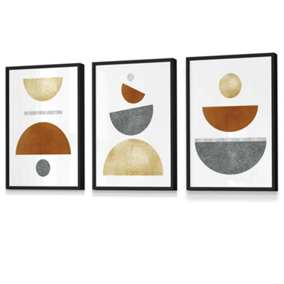 Artze Wall Art Set Of 3 OrangeGold And Grey Abstract Mid Century Geometric Wall Art Prints / 30X42Cm (A3) / Black Frame from B&Q
