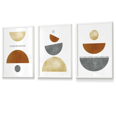 Artze Wall Art Set Of 3 OrangeGold And Grey Abstract Mid Century Geometric Wall Art Prints / 30X42Cm (A3) / White Frame from B&Q