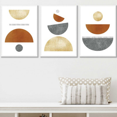 Artze Wall Art Set Of 3 OrangeGold And Grey Abstract Mid Century Geometric Wall Art Prints / 42X59Cm (A2) / White Frame from B&Q