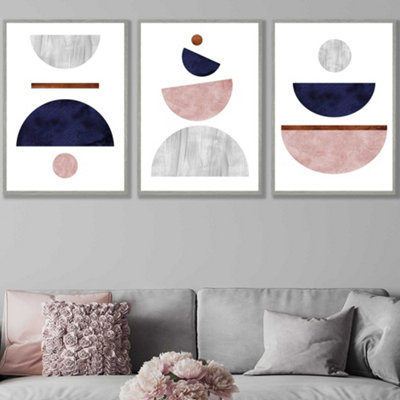 Artze Wall Art Set Of 3 NavyPink And Grey Abstract Mid Century Geometric Wall Art Prints / 50X70Cm / Light Grey Frame from B&Q