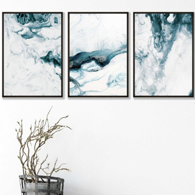 Artze Wall Art Set Of 3 Teal Blue Abstract Ocean Waves Wall Art Prints / 42X59Cm (A2) / Black Frame from B&Q