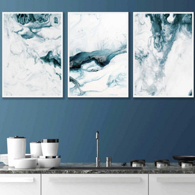 Artze Wall Art Set Of 3 Teal Blue Abstract Ocean Waves Wall Art Prints / 42X59Cm (A2) / White Frame from B&Q