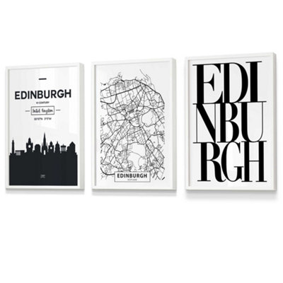 Artze Wall Art Set Of 3 Edinburgh Skyline Street Map City Prints Wall Art Prints / 30X42Cm (A3) / White Frame from B&Q