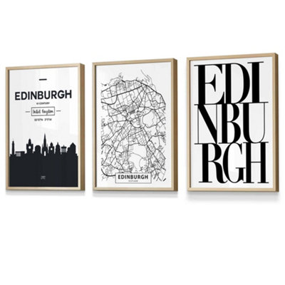 Artze Wall Art Set Of 3 Edinburgh Skyline Street Map City Prints Wall Art Prints / 30X42Cm (A3) / Oak Frame from B&Q