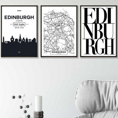 Artze Wall Art Set Of 3 Edinburgh Skyline Street Map City Prints Wall Art Prints / 42X59Cm (A2) / Black Frame from B&Q