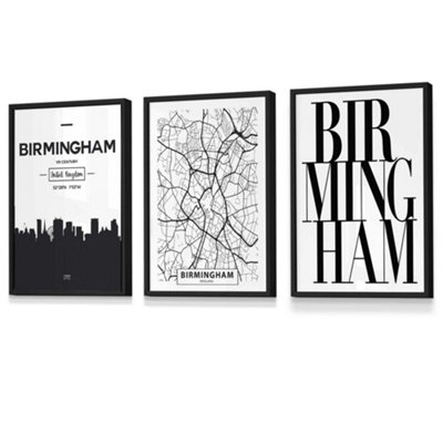 Artze Wall Art Set Of 3 Birmingham Skyline Street Map City Prints Wall Art Prints / 30X42Cm (A3) / Black Frame from B&Q