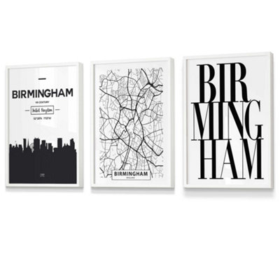 Artze Wall Art Set Of 3 Birmingham Skyline Street Map City Prints Wall Art Prints / 30X42Cm (A3) / White Frame from B&Q
