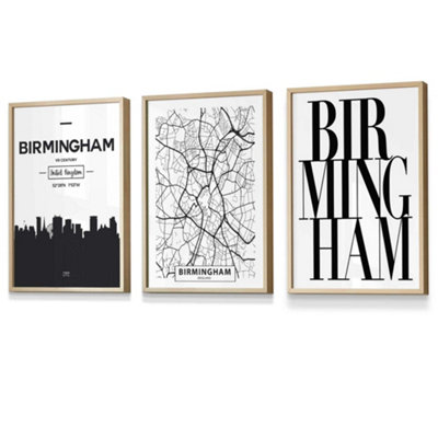 Artze Wall Art Set Of 3 Birmingham Skyline Street Map City Prints Wall Art Prints / 30X42Cm (A3) / Oak Frame from B&Q