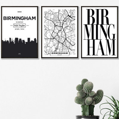 Artze Wall Art Set Of 3 Birmingham Skyline Street Map City Prints Wall Art Prints / 42X59Cm (A2) / Black Frame from B&Q