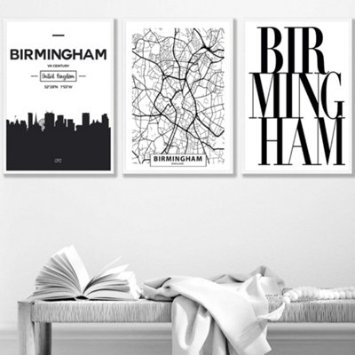Artze Wall Art Set Of 3 Birmingham Skyline Street Map City Prints Wall Art Prints / 42X59Cm (A2) / White Frame from B&Q