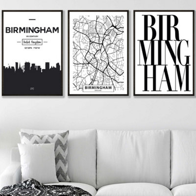 Artze Wall Art Set Of 3 Birmingham Skyline Street Map City Prints Wall Art Prints / 50X70Cm / Black Frame from B&Q