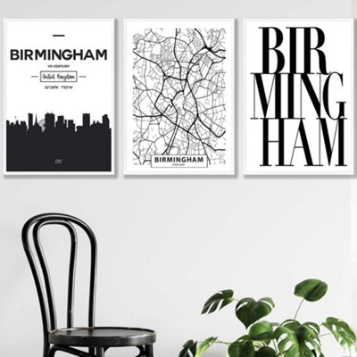 Artze Wall Art Set Of 3 Birmingham Skyline Street Map City Prints Wall Art Prints / 50X70Cm / White Frame from B&Q