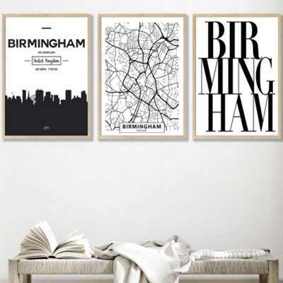 Artze Wall Art Set Of 3 Birmingham Skyline Street Map City Prints Wall Art Prints / 50X70Cm / Oak Frame from B&Q