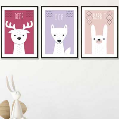 Artze Wall Art Set Of 3 Scandi Nursery Forest Animals Pink Lilac Wall Art Prints / 42X59Cm (A2) / Black Frame from B&Q
