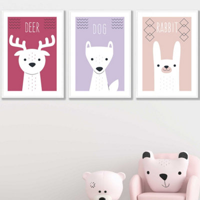 Artze Wall Art Set Of 3 Scandi Nursery Forest Animals Pink Lilac Wall Art Prints / 42X59Cm (A2) / White Frame from B&Q