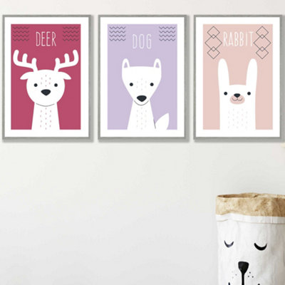 Artze Wall Art Set Of 3 Scandi Nursery Forest Animals Pink Lilac Wall Art Prints / 42X59Cm (A2) / Light Grey Frame from B&Q