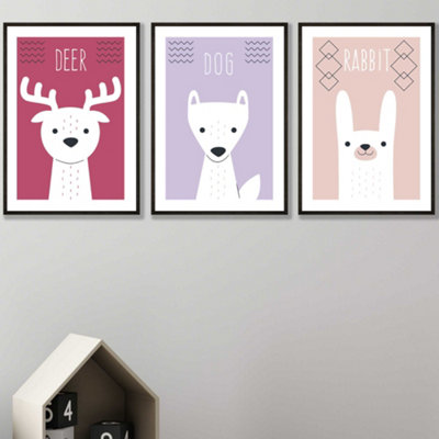 Artze Wall Art Set Of 3 Scandi Nursery Forest Animals Pink Lilac Wall Art Prints / 50X70Cm / Black Frame from B&Q