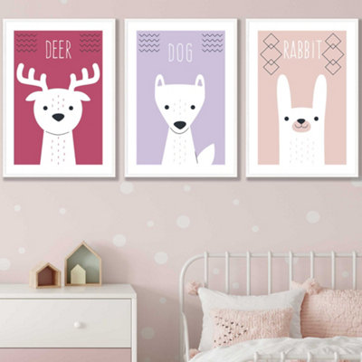 Artze Wall Art Set Of 3 Scandi Nursery Forest Animals Pink Lilac Wall Art Prints / 50X70Cm / White Frame from B&Q