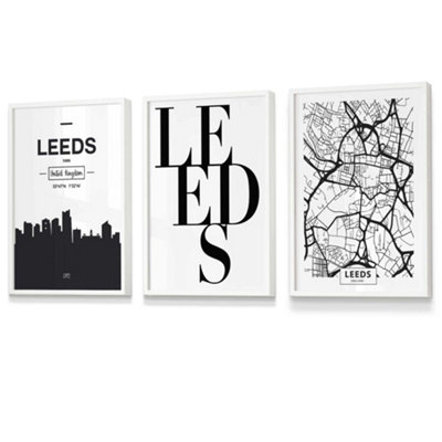 Artze Wall Art Set Of 3 Leeds Skyline Street Map City Prints Wall Art Prints / 30X42Cm (A3) / White Frame from B&Q
