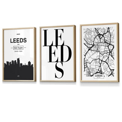 Artze Wall Art Set Of 3 Leeds Skyline Street Map City Prints Wall Art Prints / 30X42Cm (A3) / Oak Frame from B&Q