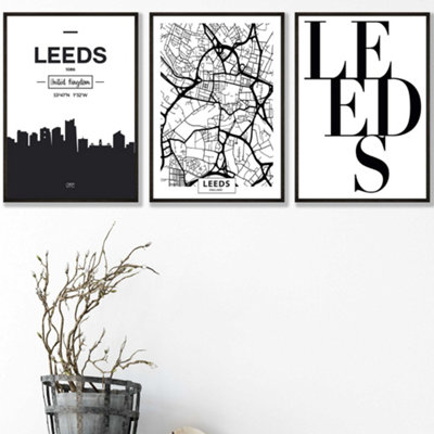 Artze Wall Art Set Of 3 Leeds Skyline Street Map City Prints Wall Art Prints / 42X59Cm (A2) / Black Frame from B&Q
